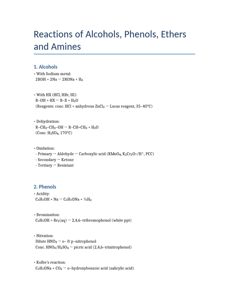 Alcohols, Phenols, Ethers, Amines Reactions | PDF | Amine | Organic ...