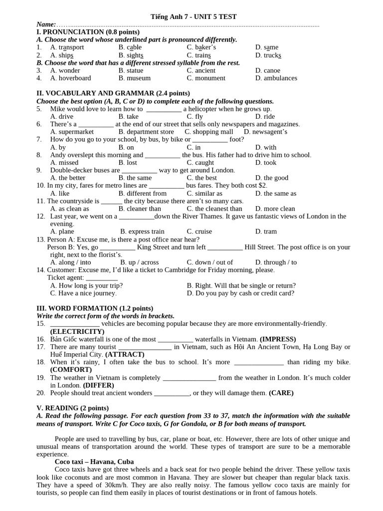 English 7 Unit 5 Test Preparation | PDF | Transport