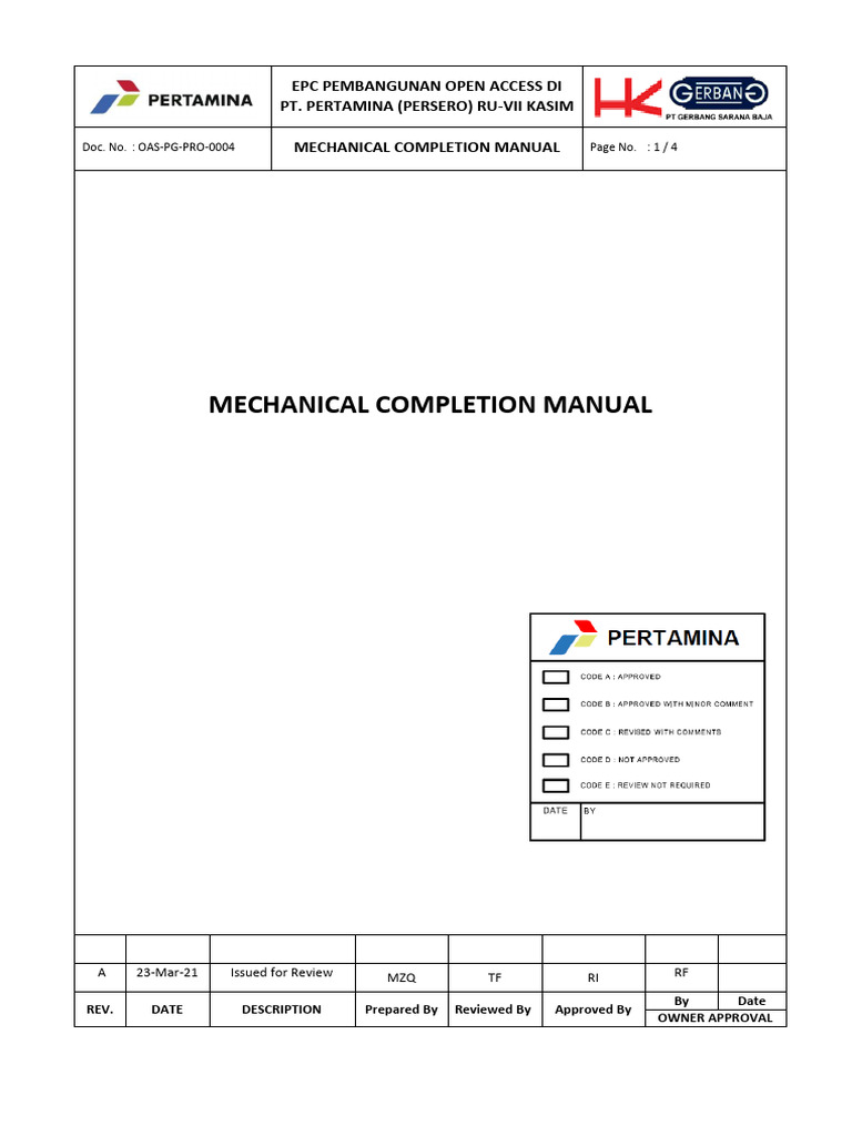 Mechanical Completion Manual Rev A | PDF | Pipe (Fluid Conveyance ...