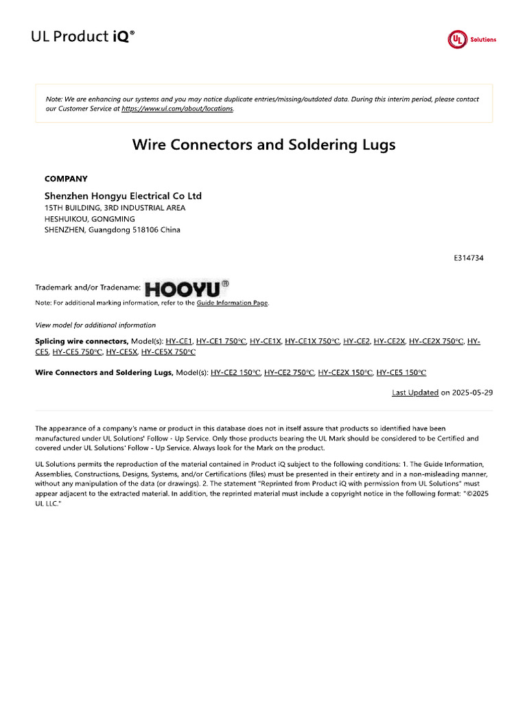 ZMVV.E314734 - Wire Connectors and Soldering Lugs - UL Product IQ | PDF