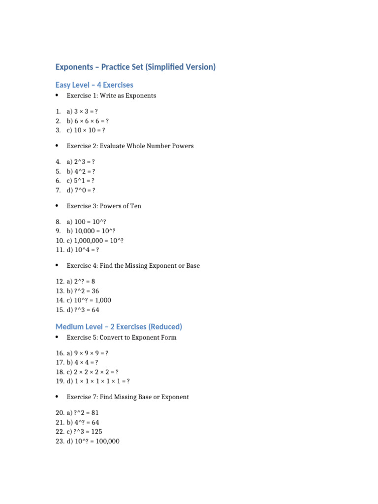 Missing Exponent Exercises | PDF
