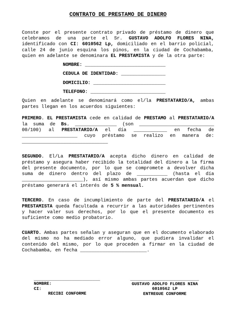Formato - Contrato de Prestamo de Dinero | PDF
