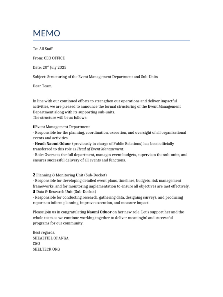 Event Management Department Memo | PDF