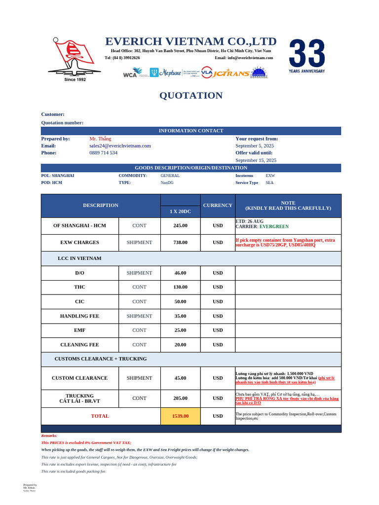 EXW Quotation from Shanghai to HCM | PDF | Supply Chain Management | Trade