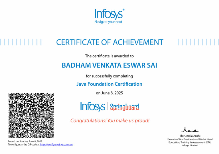 Java Foundation Certification Award 2025 | PDF