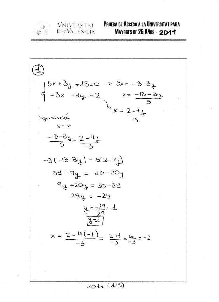 Exámenes de matemáticas resueltos acceso mayores de 25 años (UV)