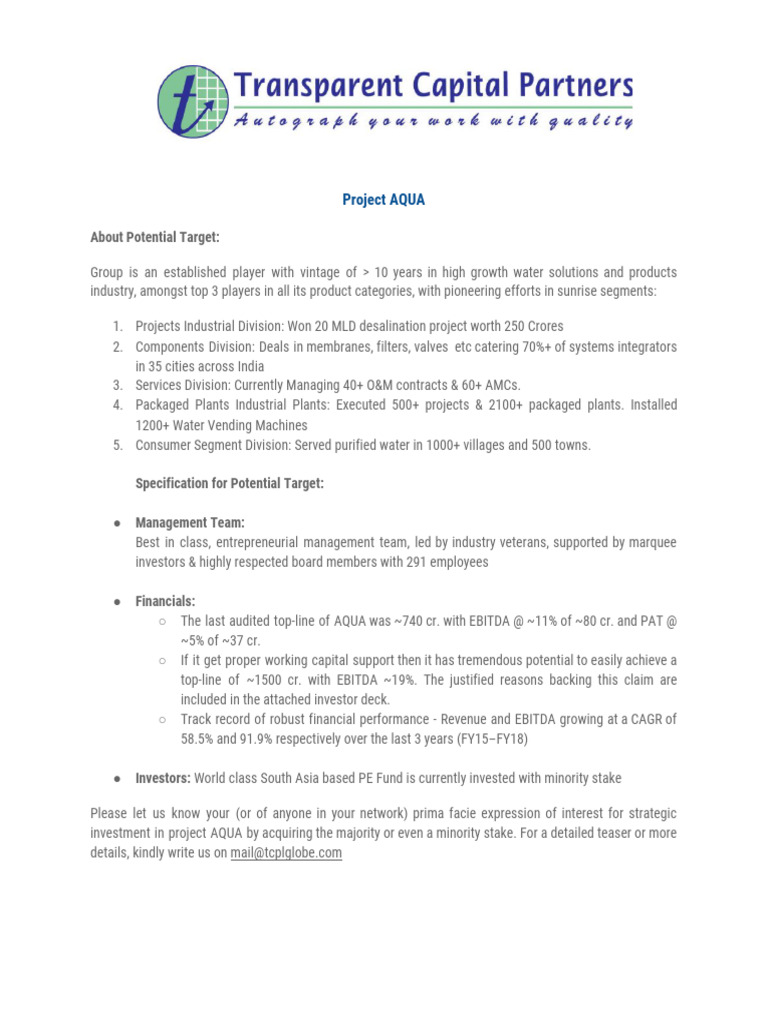Strategic Investment Opportunity in AQUA | PDF