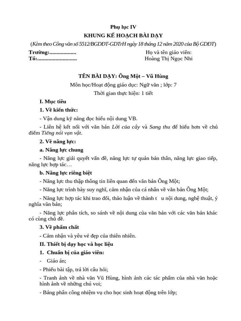 Phu Luc 4 Mau Ke Hoach Bai Day | PDF