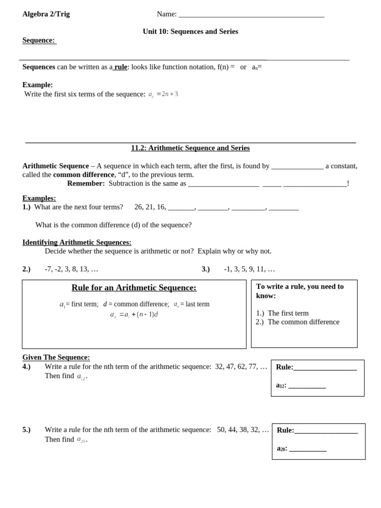Day 6 - 11.2 Arithmetic Sequences and Series Notes | PDF | Arithmetic ...