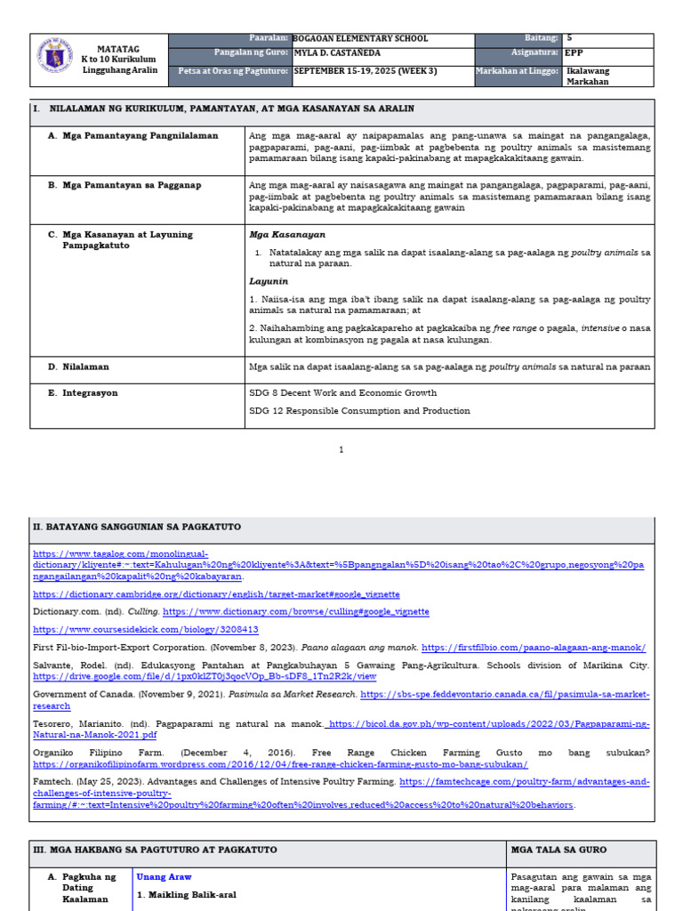 DLL Matatag - Epp 5 Q2 W3 | PDF