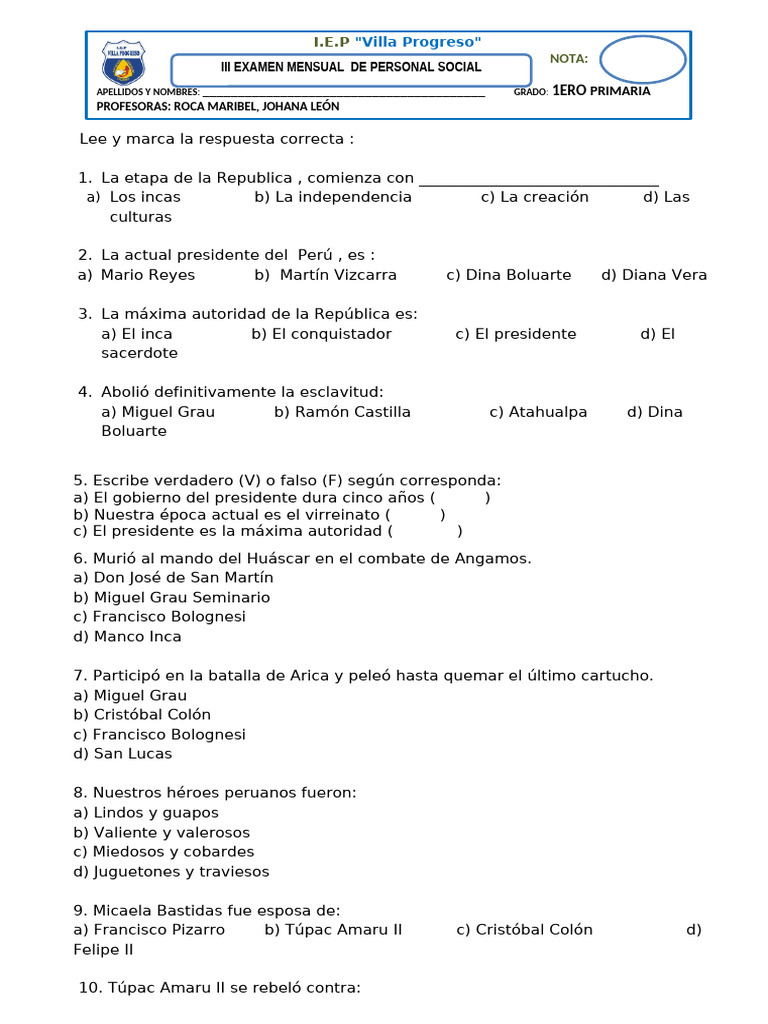 Examen Mensual de Personal Social 1° Primaria | PDF
