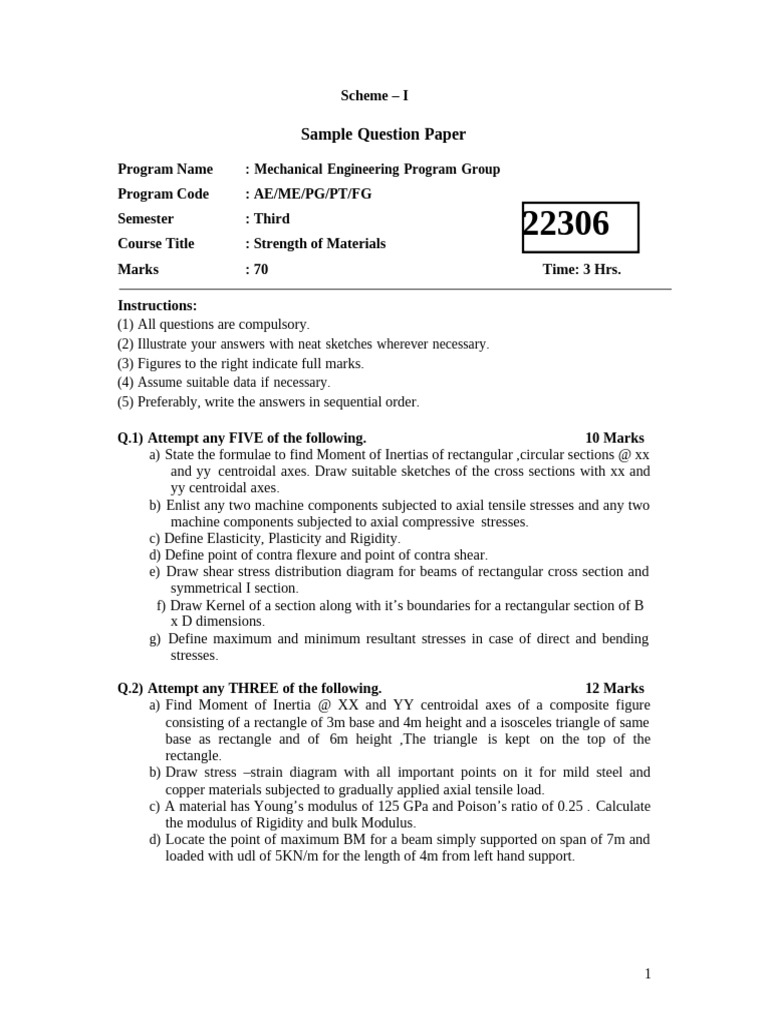 Sample Question Paper Strength of Materials New | PDF | Young's Modulus ...