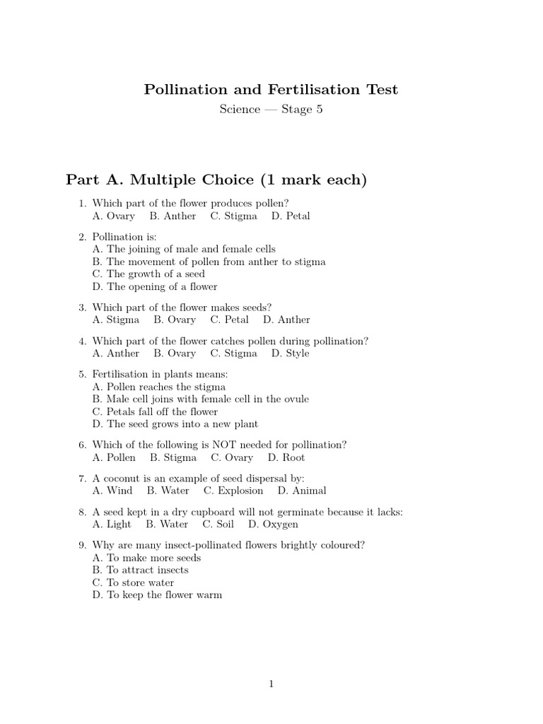 Flower Fertilization and Pollination Test | PDF | Pollination | Flowers