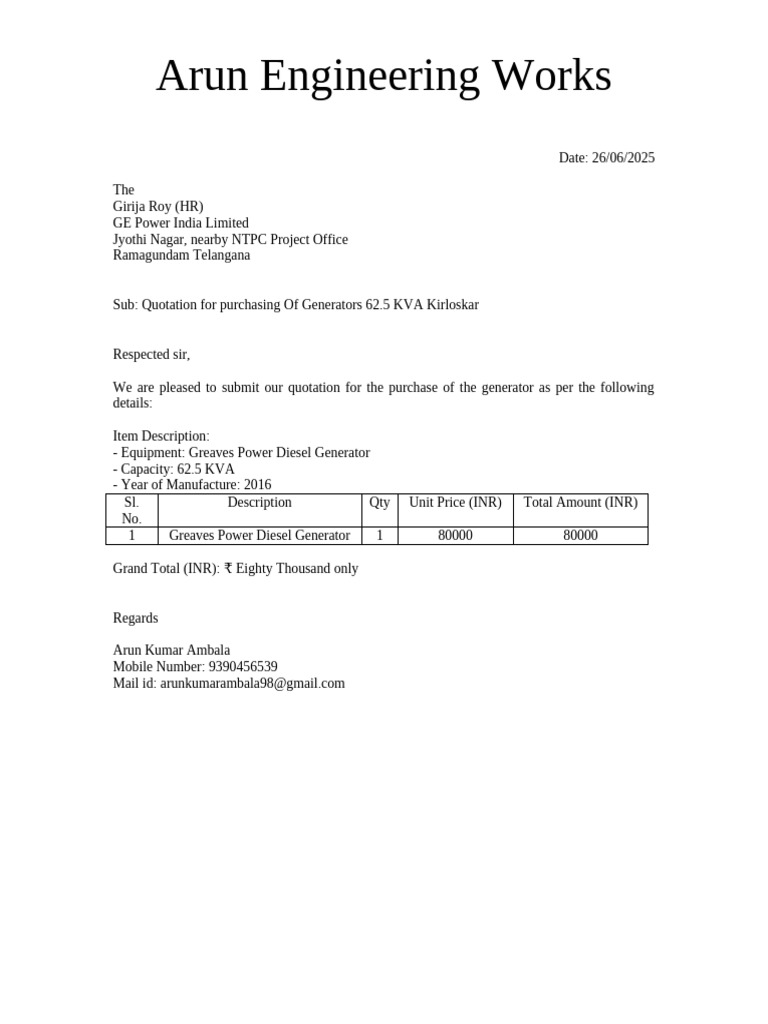 Generator Quotation 1 | PDF