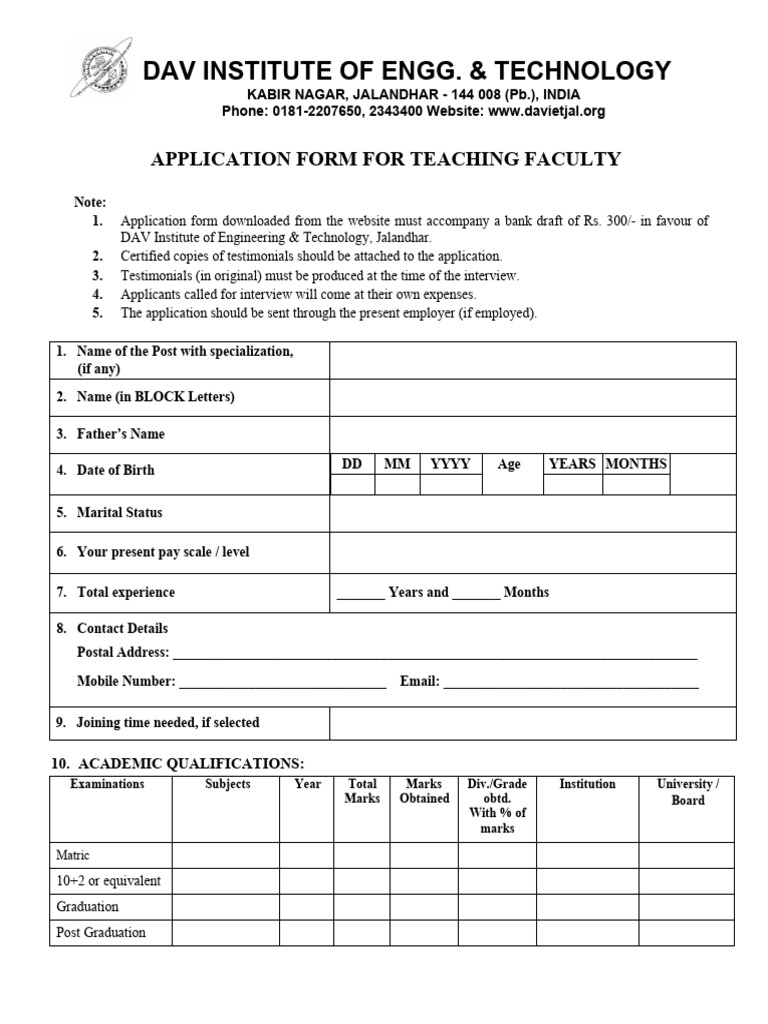DAV Institute Faculty Application Form | PDF | Thesis