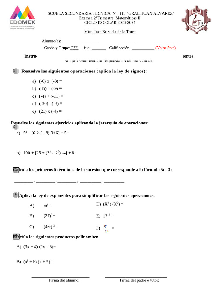Ejercicios de Matemáticas II para Secundaria | PDF