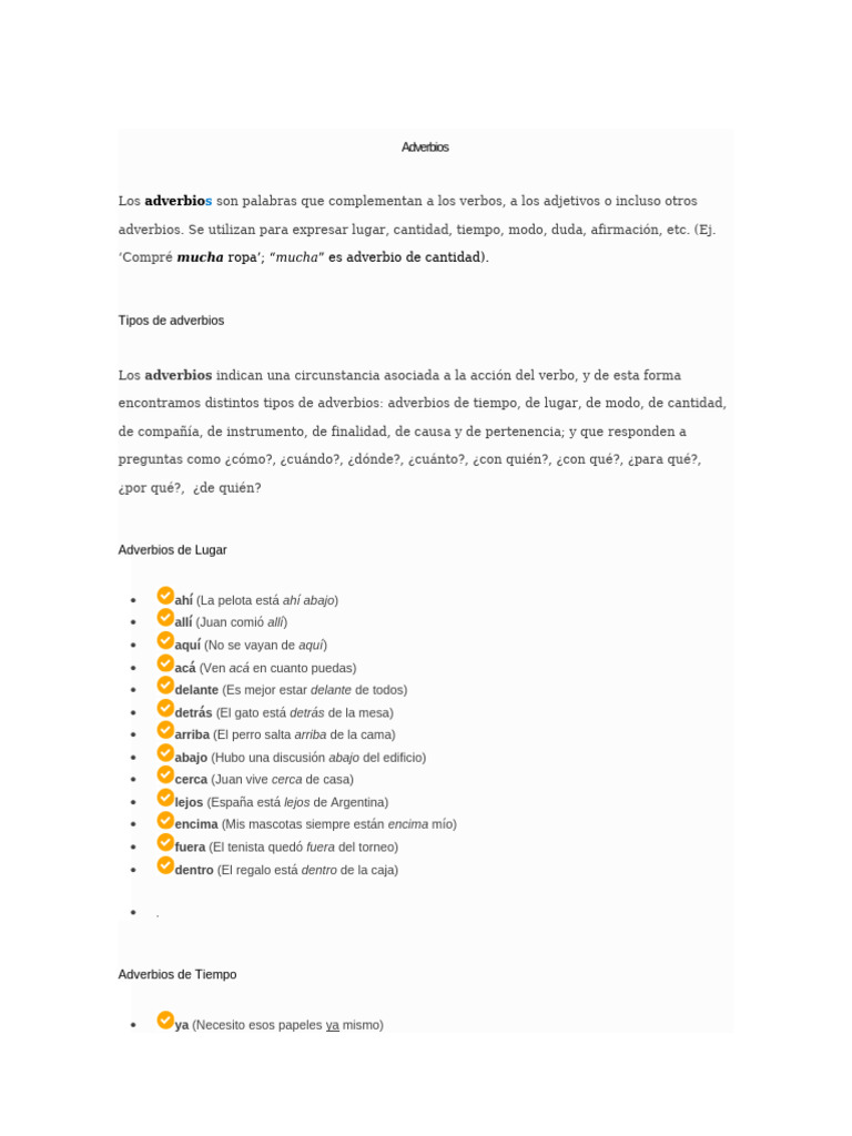 Tipos y ejemplos de adverbios | PDF | Adverbio