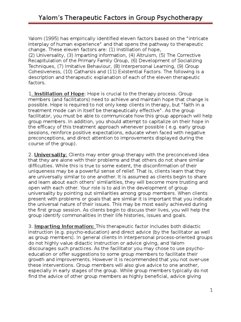 Yalom s 11 therapeutic factors pdf group psychotherapy psychotherapy