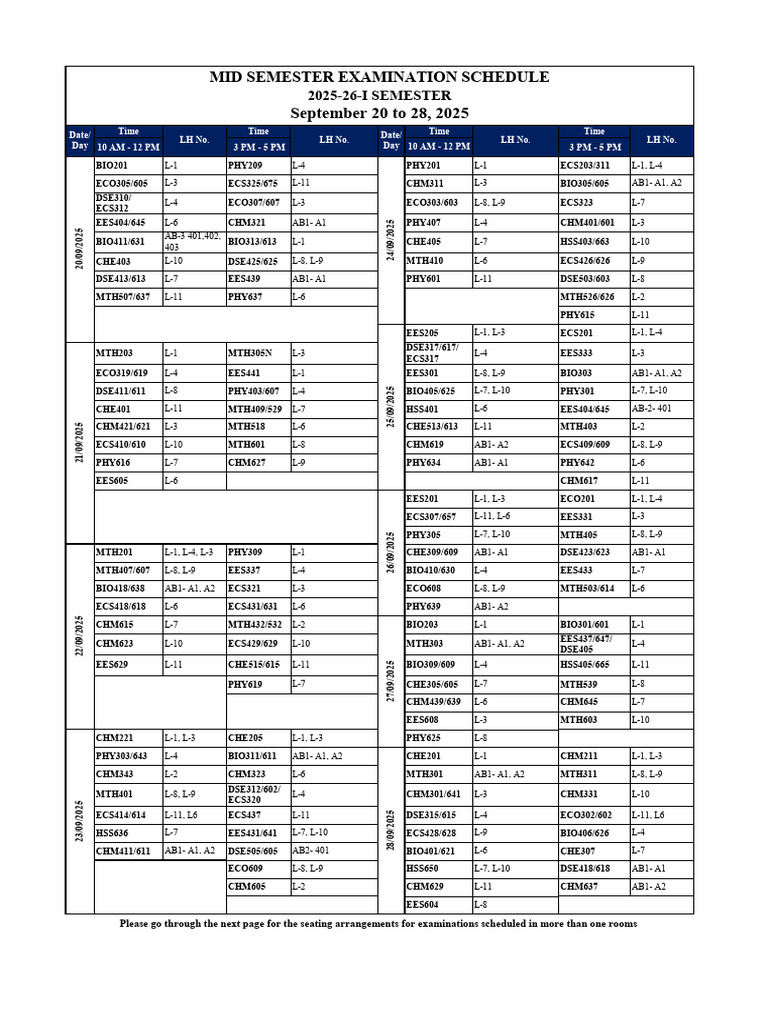 Mid Semester Exam Schedule 2025 | PDF