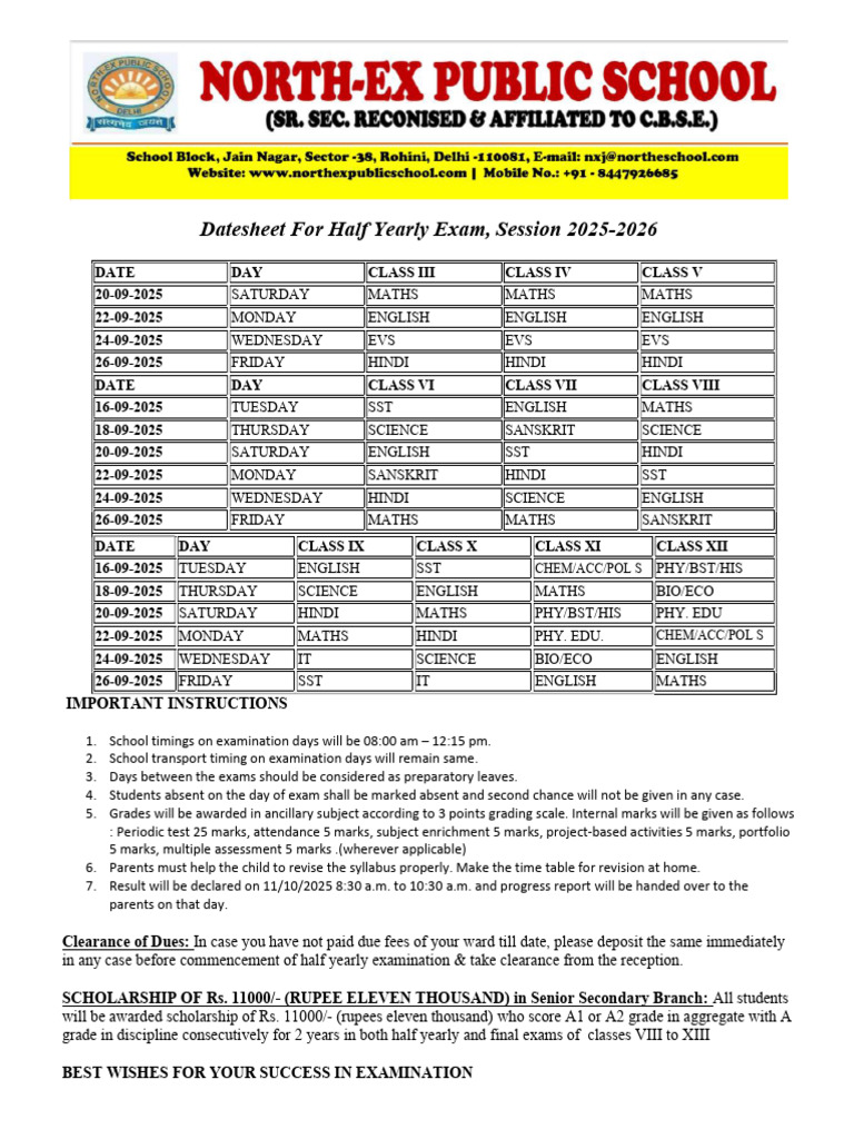 Half Yearly Exam Dates 2025-2026 | PDF