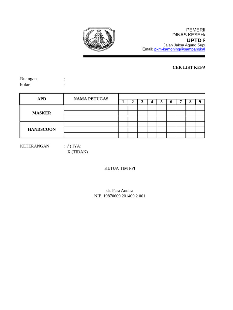 Cek List Kepatuhan APD Puskesmas | PDF