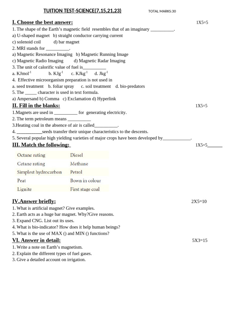 Tuition Test 8th Science | PDF