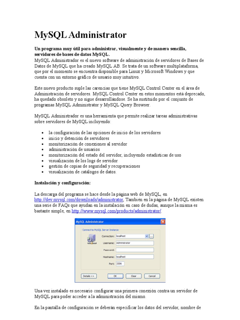MySQL Administrator - MANUAL | PDF | Mi sql | Servidor (Computación)