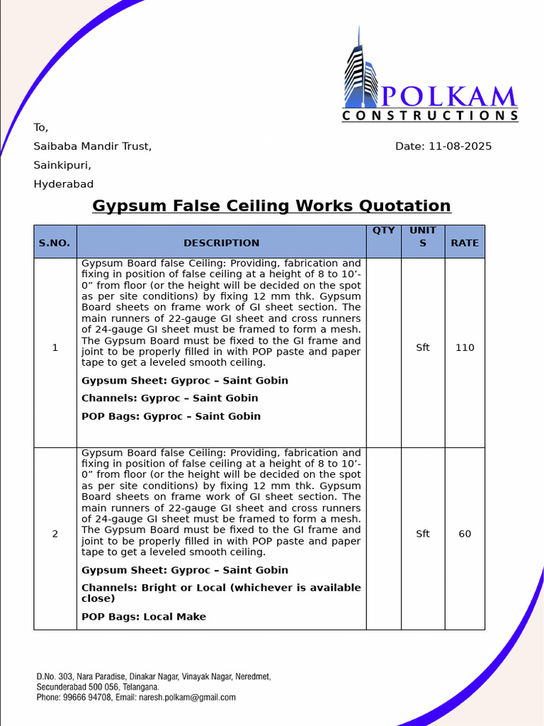 Gypsum False Ceiling Quotation | PDF