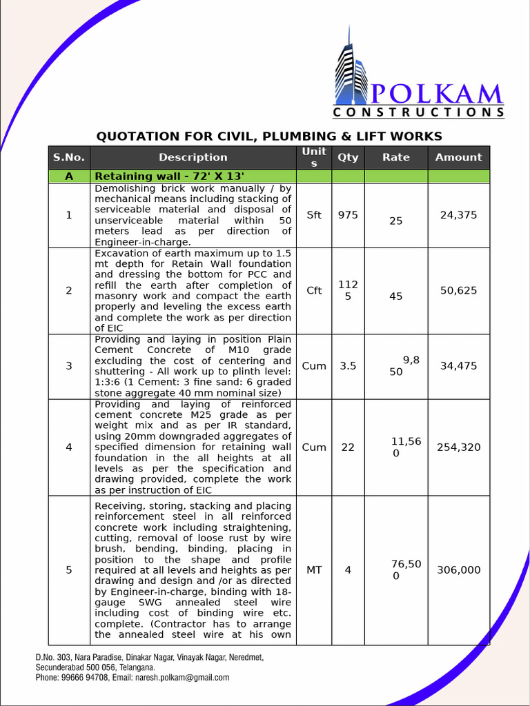 Civil, Plumbing & Lift Works Quotation | PDF | Concrete | Pipe (Fluid ...