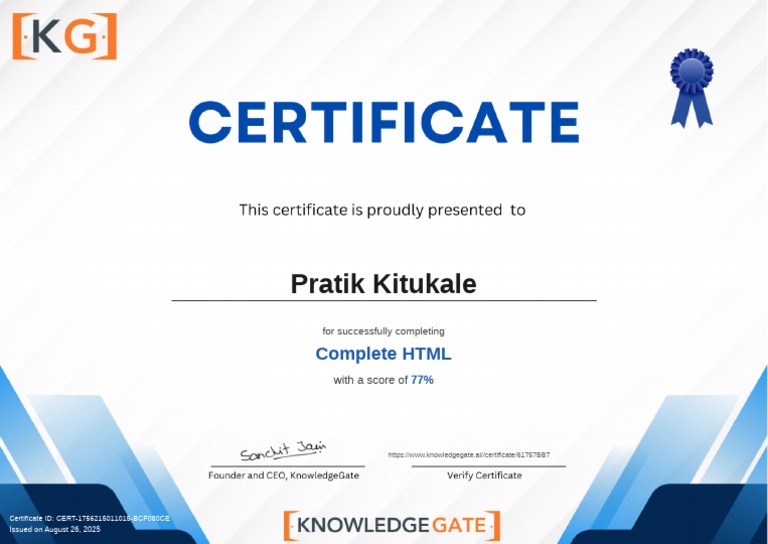 HTML Completion Certificate - 77% Score | PDF