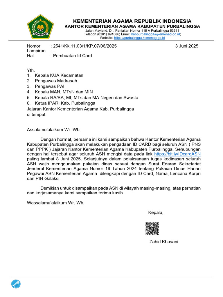 Pengadaan ID Card ASN Kemenag Purbalingga | PDF