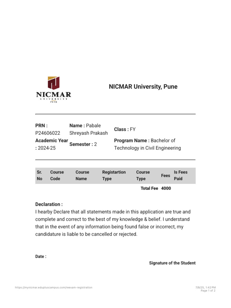 NICMAR Fee Declaration for FY 2024-25 | PDF