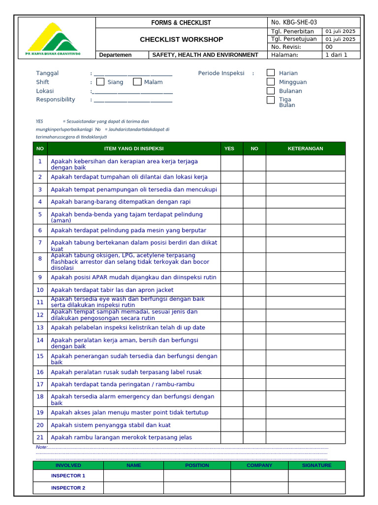 Checklist Inspeksi Keselamatan Kerja | PDF