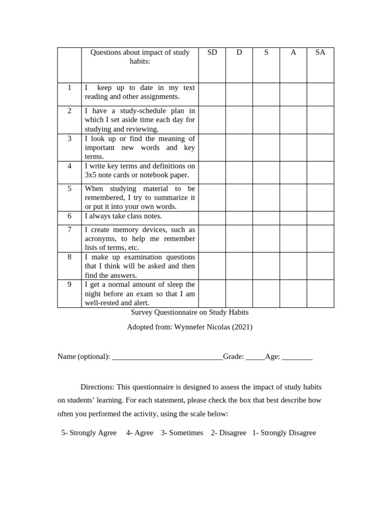 Questions About Impact of Study Habits - 2 | PDF | Learning