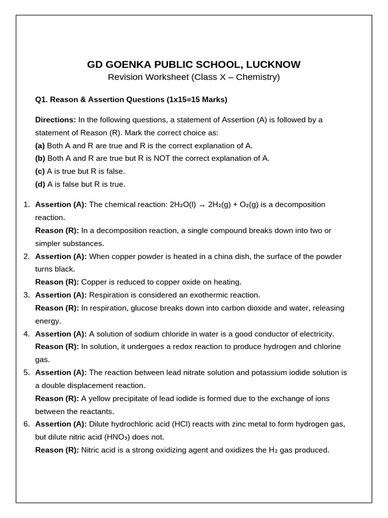 Revision Ws For Reason Assertion and Case Study Based Questions | PDF ...
