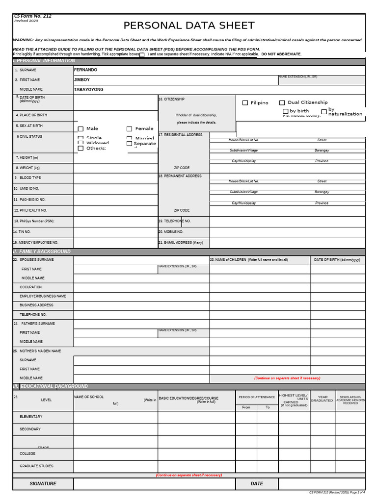 Personal Data Sheet Template 2025 | PDF | Government And Personhood ...