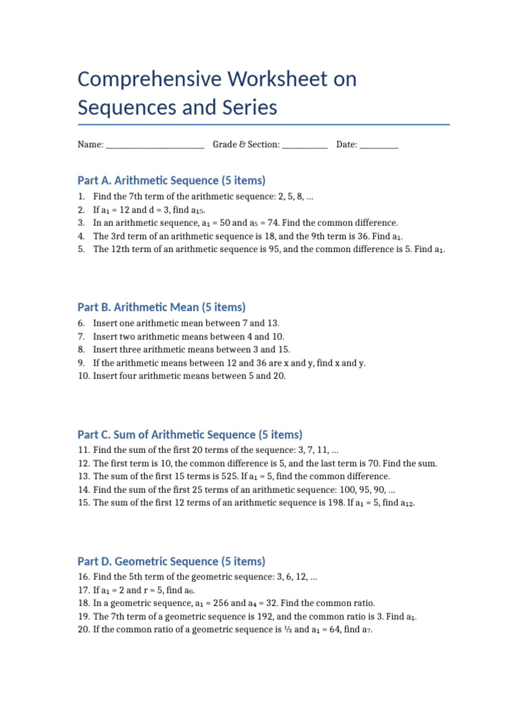 Sequences and Series Worksheet | PDF | Mathematics | Mathematical Analysis