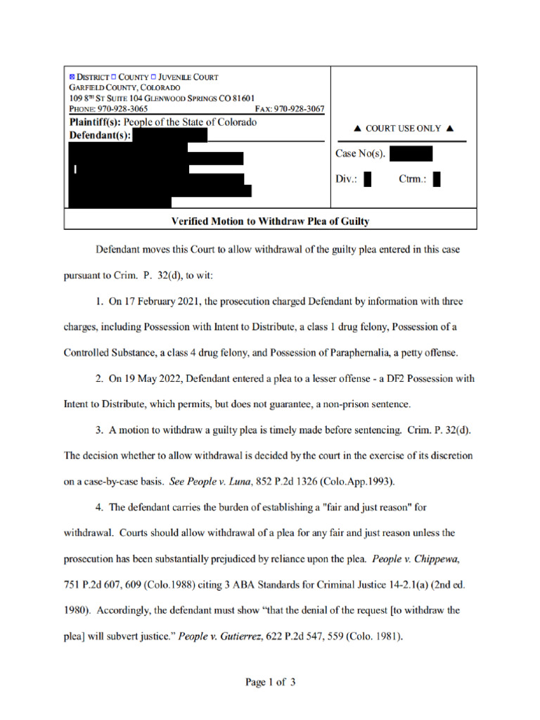 Verified Motion To Withdraw Plea of Guilty Et Al - Redacted | PDF ...