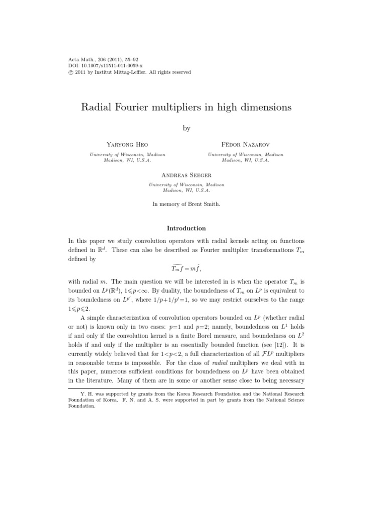 Radial Fourier Multipliers in High Dimensions Seeger | PDF ...