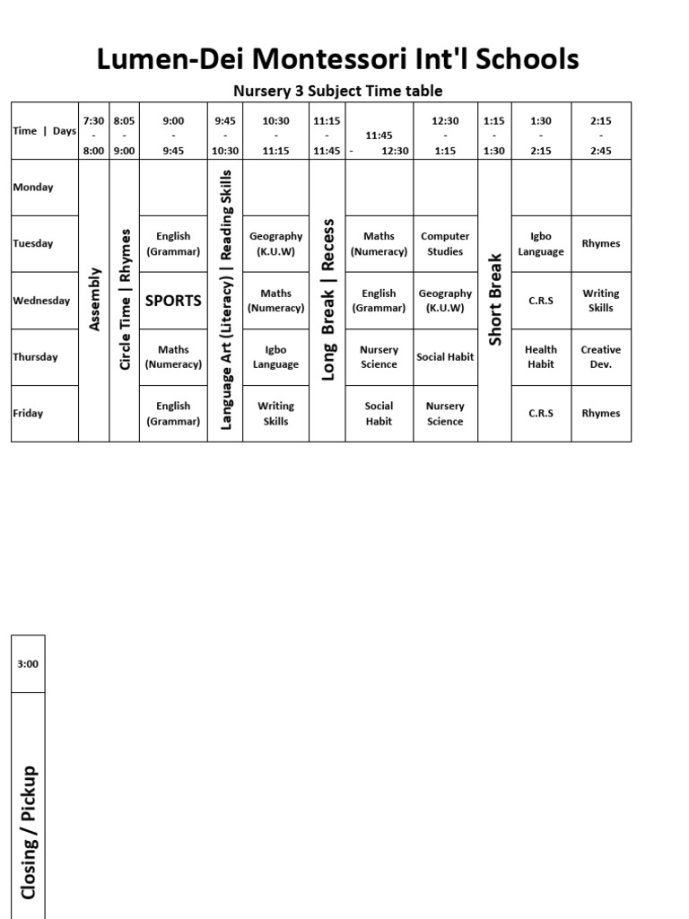 Nursery 3 Weekly Subject Timetable | PDF | Human Communication | Learning