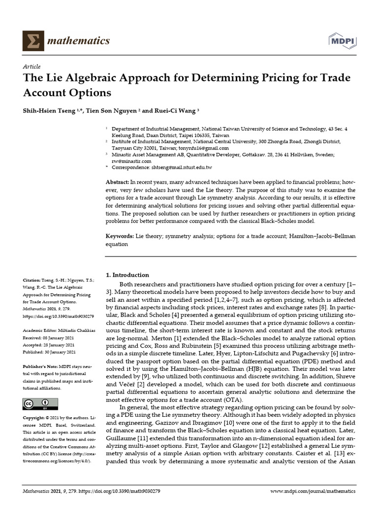 Lie Algebra for Trade Account Options | PDF | Option (Finance) | Black ...