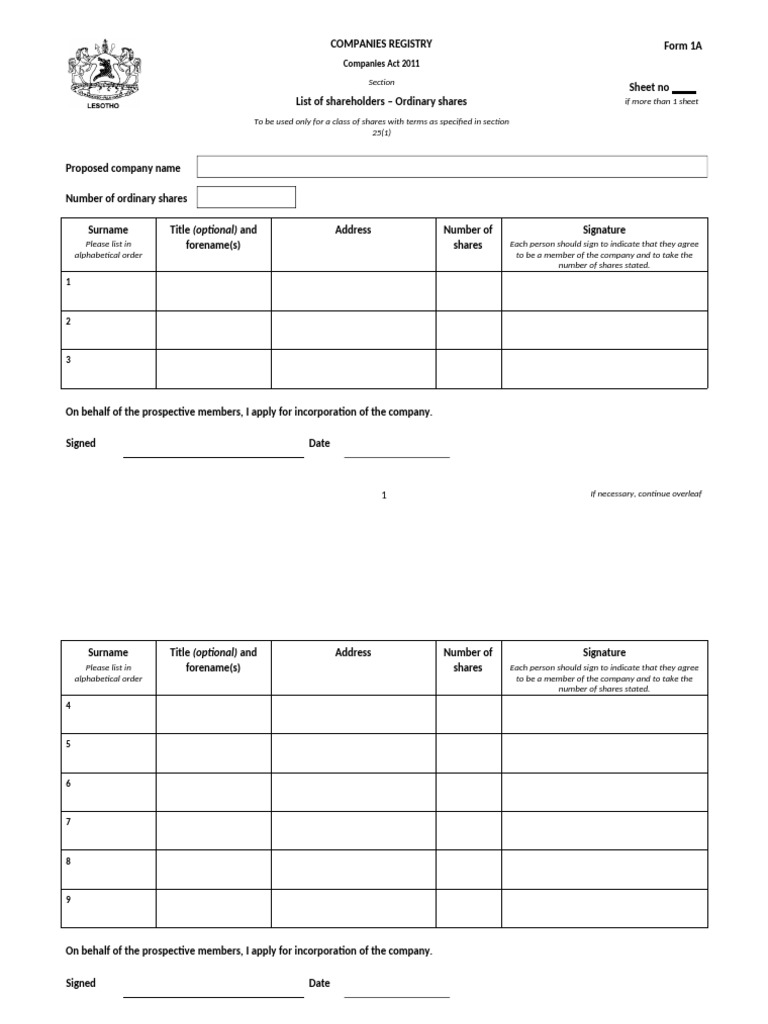 Form 01A Ordinary Shareholders | PDF