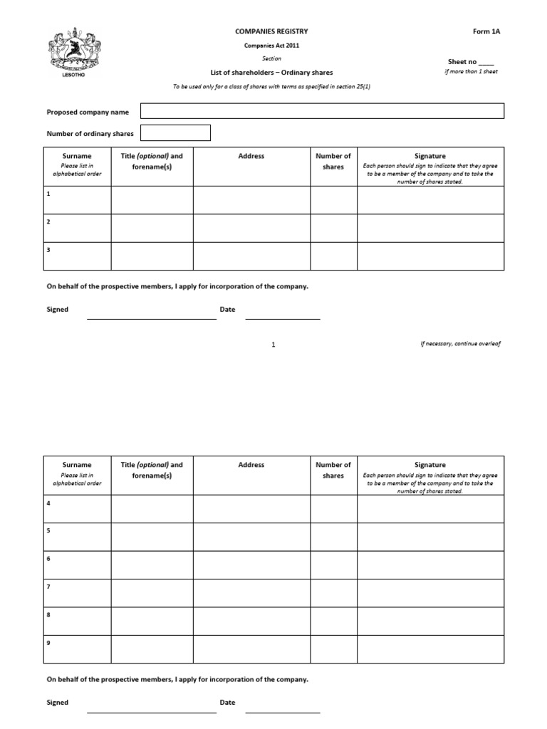 Shareholder List for Company Incorporation | PDF