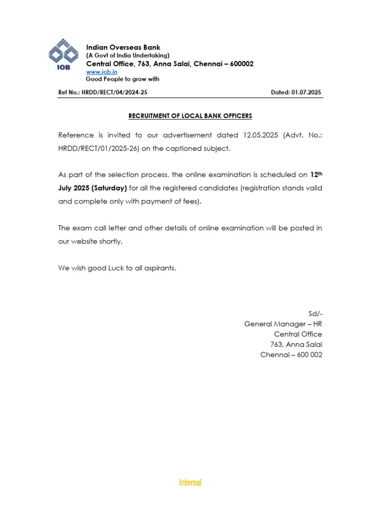 IOB Recruitment of Local Bank Officers 2025 26 Conduct of Online ...