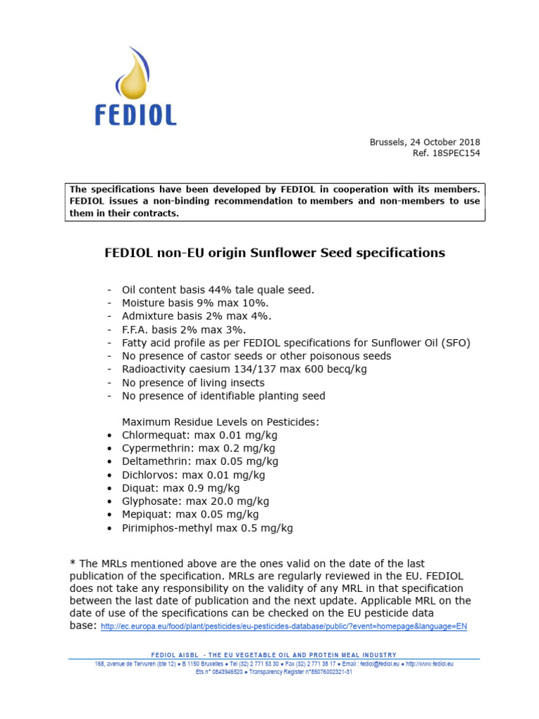 18SPEC154 FEDIOL Non-EU Sunflower Seed Specifications Oct 2020 | PDF