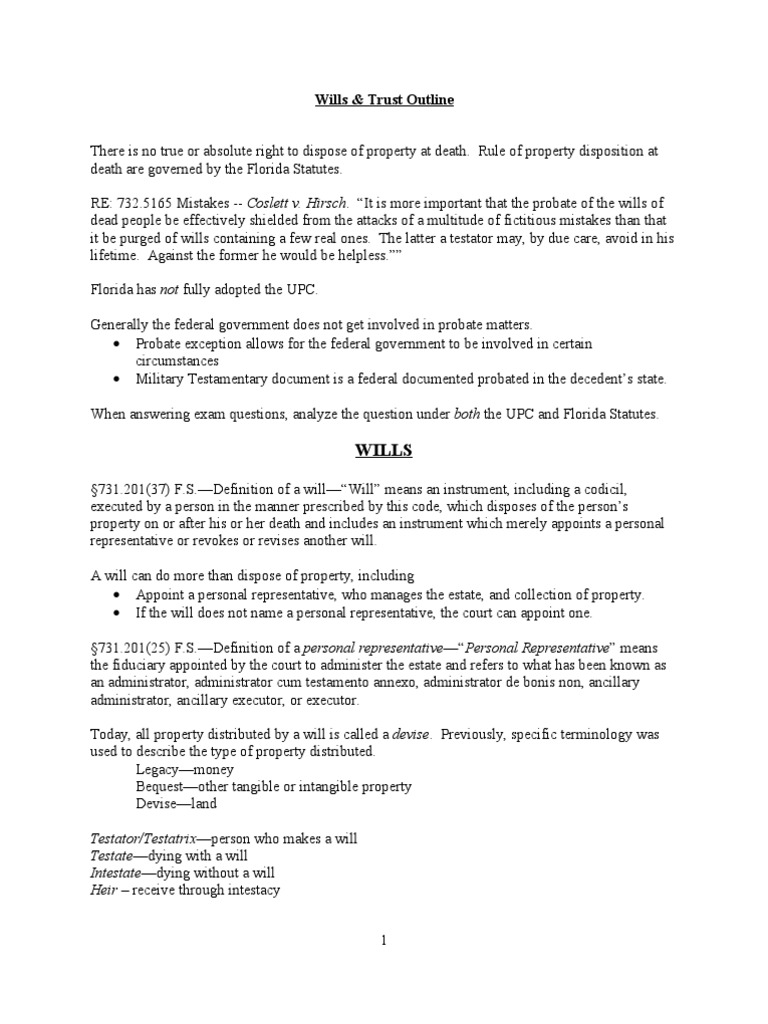 Wills & Trusts Outline Copy[1] Will And Testament Intestacy
