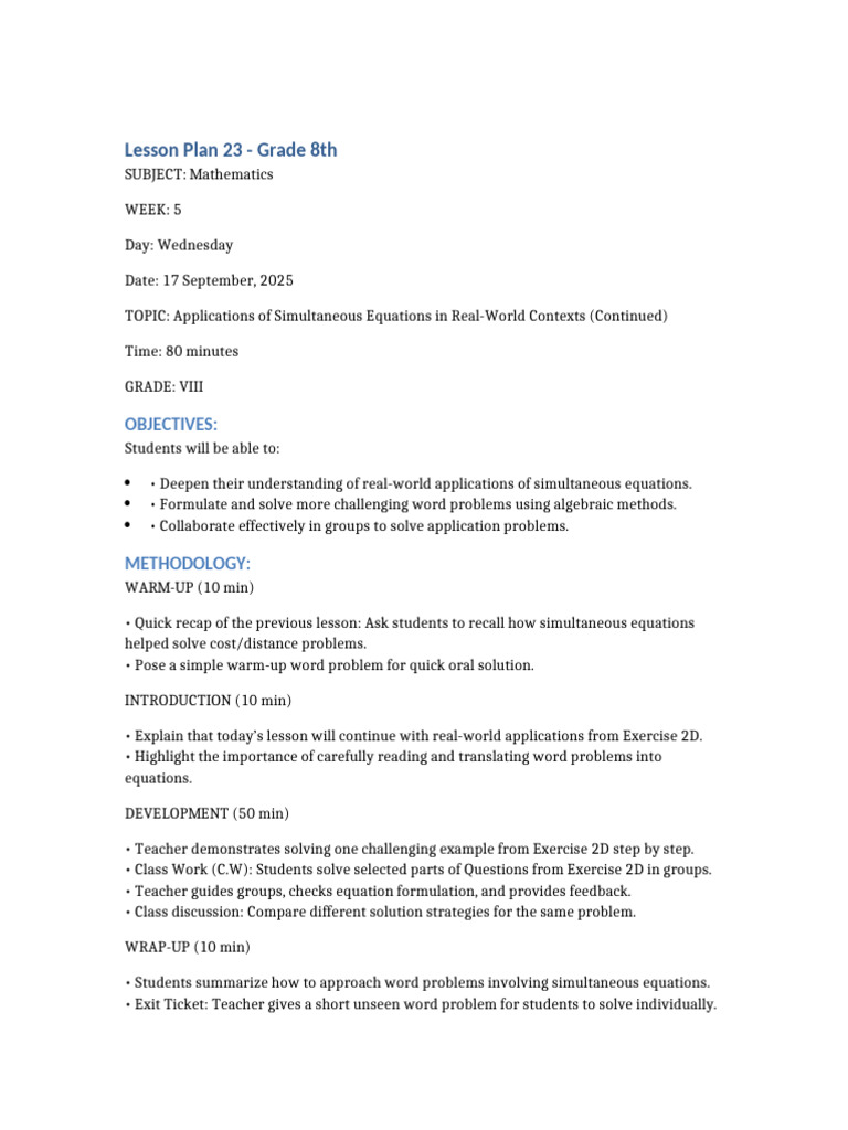 Simultaneous Equations Lesson Plan VIII | PDF