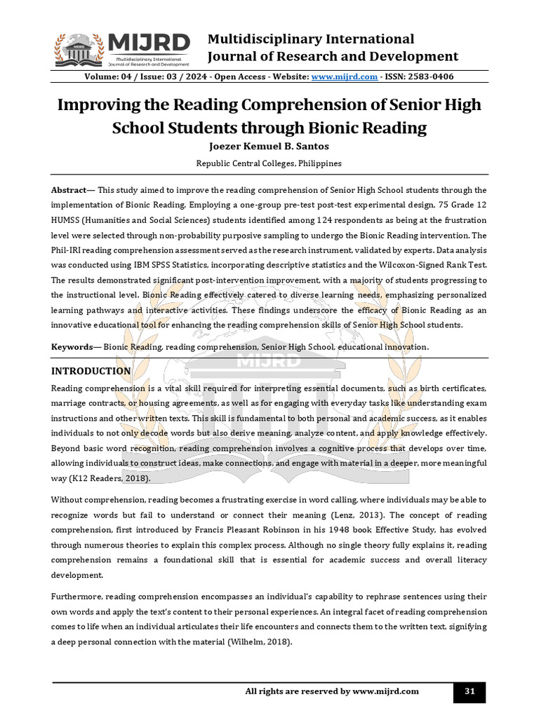 Bionic Reading Enhances High School Comprehension | PDF | Reading ...