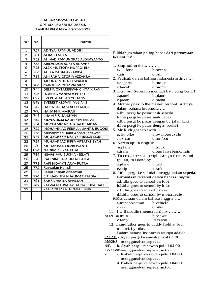 Daftar Siswa Kelas 4B SD Negeri 53 | PDF