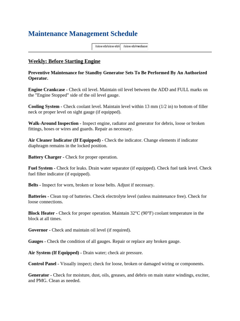 Standby Generator Maintenance Schedule | PDF | Belt (Mechanical ...